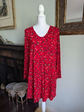 Soma x Chicos Women's Medium Long Sleeve Night Shirt Dress Heart Leopard Red